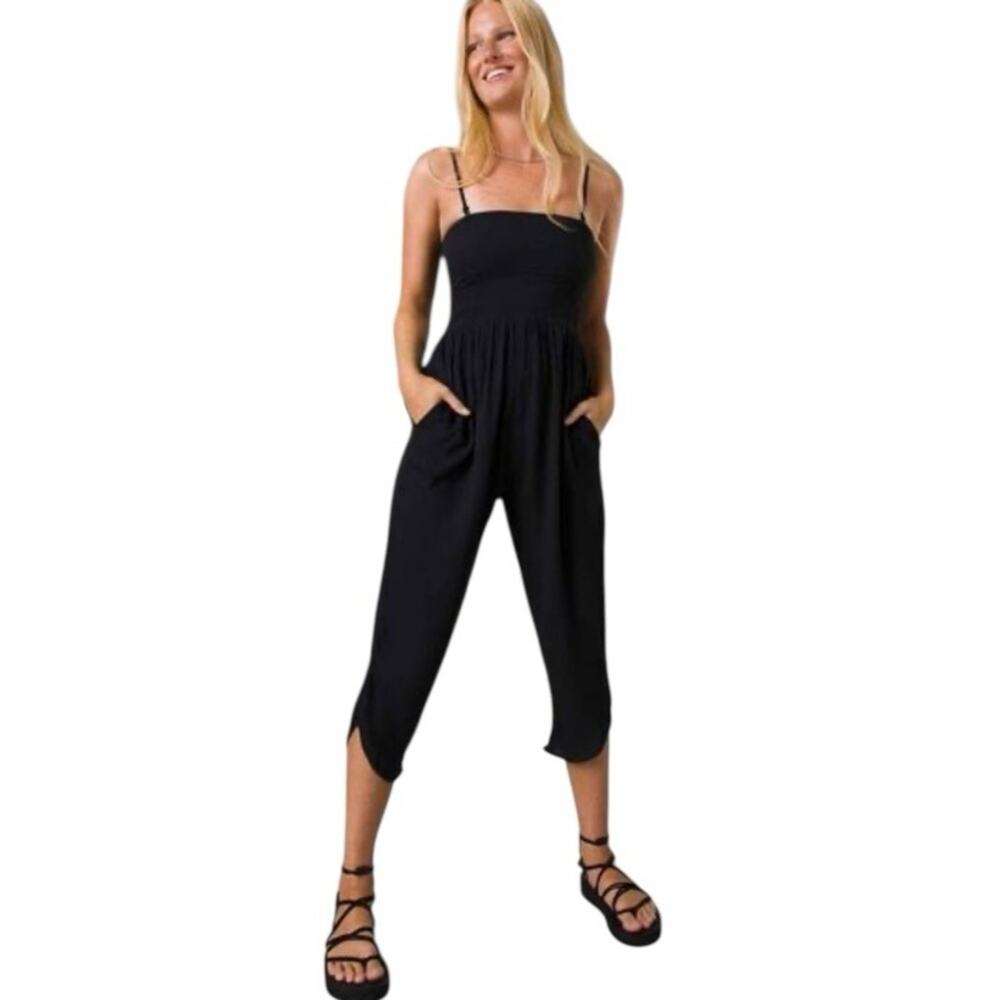 Prana Fernie Black Women's Crop Smocked Jumpsuit size XL